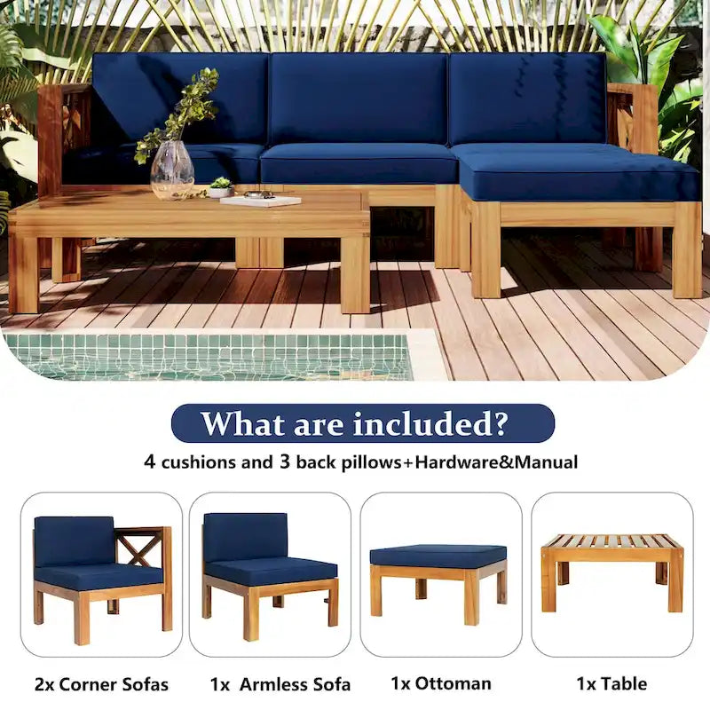 Ensemble de canapés d'angle 5 pièces en bois avec coussins pour terrasse et jardin