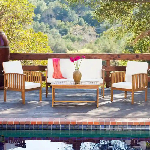 4-Piece Wood Patio Conversation Set with Acacia Wood Table and Cushions