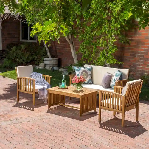 Ensemble de conversation de patio en bois 4 pièces avec table et coussins en bois d'acacia