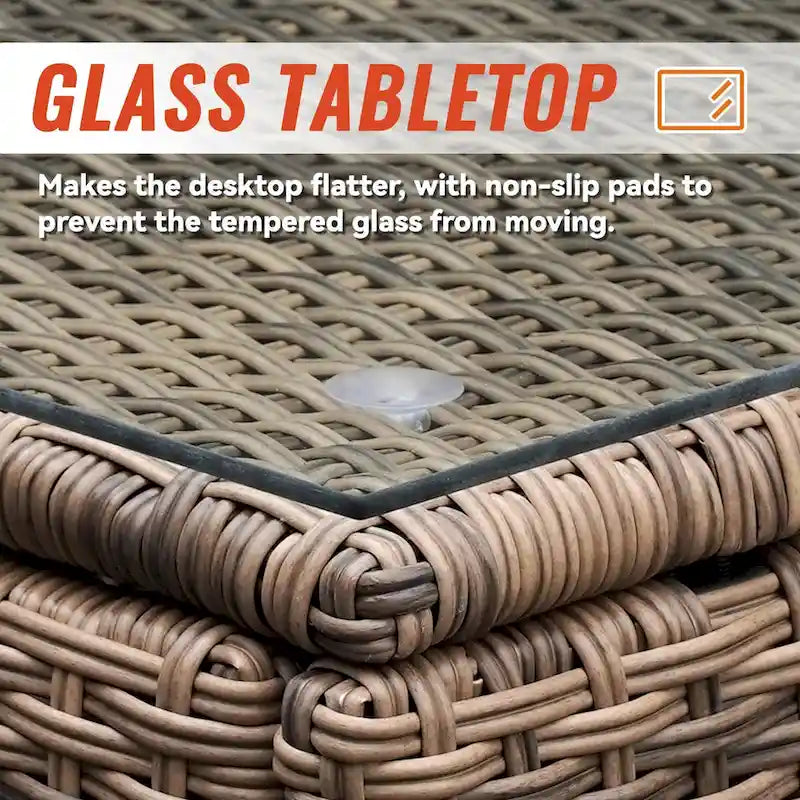 Ensemble de conversation de patio en osier 7 pièces avec coussins et table en verre