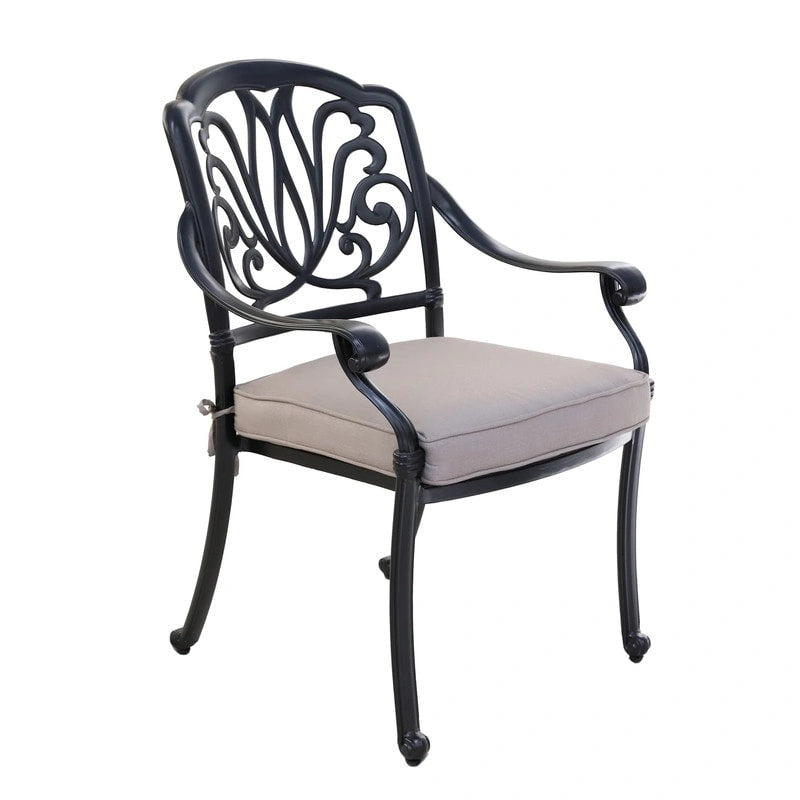 Ensemble de salle à manger carré Saratoga 9 pièces en aluminium couleur canon de fusil avec 8 chaises de salle à manger avec accoudoirs rembourrés