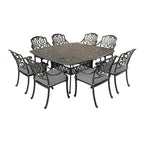 Ensemble de salle à manger carré Saratoga 9 pièces en aluminium couleur canon de fusil avec 8 chaises de salle à manger avec accoudoirs rembourrés