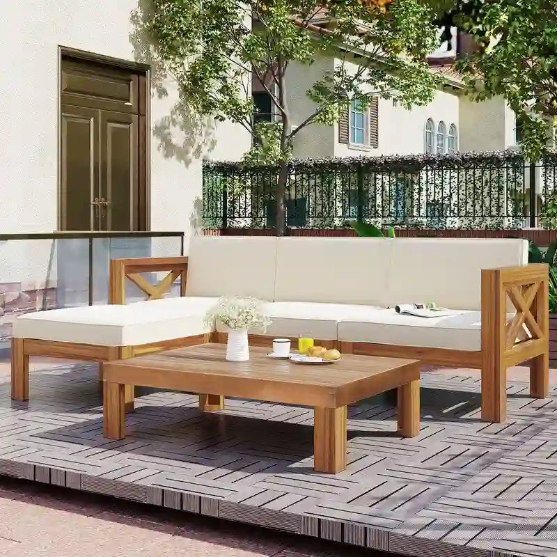Ensemble de canapé d'angle 5 pièces en bois avec coussins pour terrasse et jardin