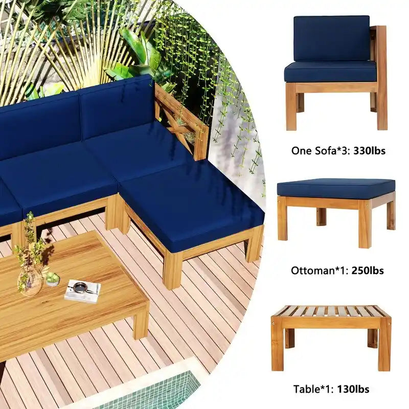 Ensemble de canapé d'angle 5 pièces en bois avec coussins pour terrasse et jardin