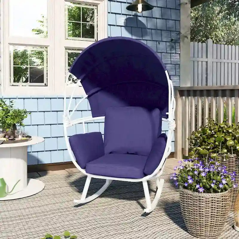 Fauteuil à bascule d'extérieur VredHom en forme d'œuf avec coussin et auvent pliable