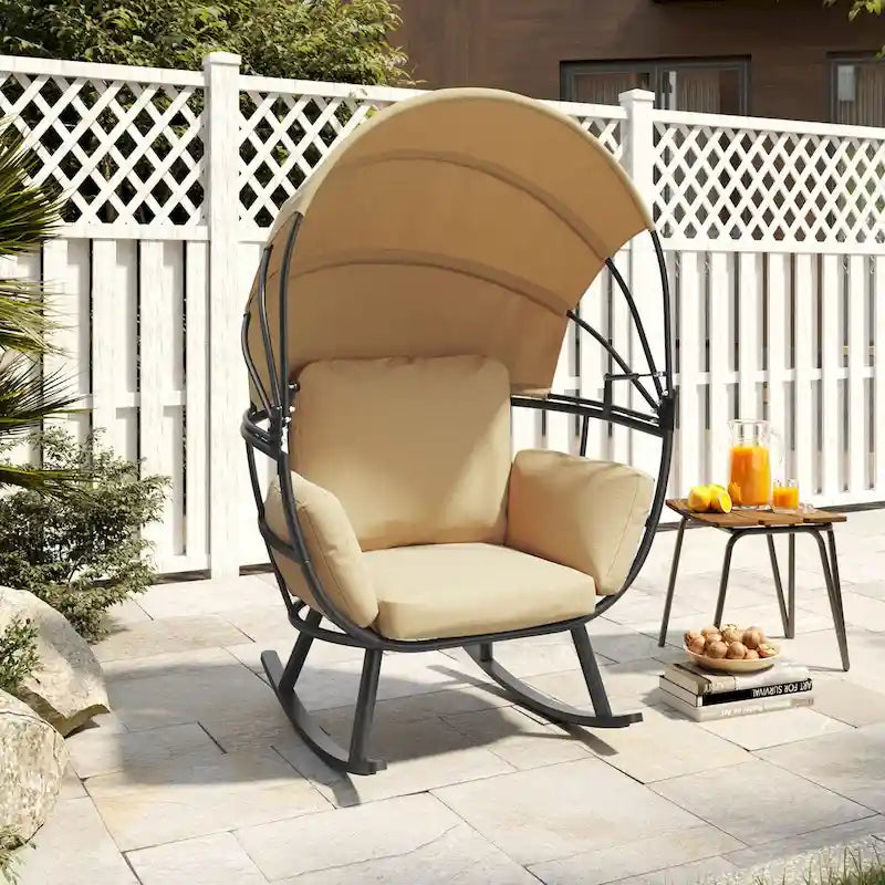 Fauteuil à bascule d'extérieur VredHom en forme d'œuf avec coussin et auvent pliable