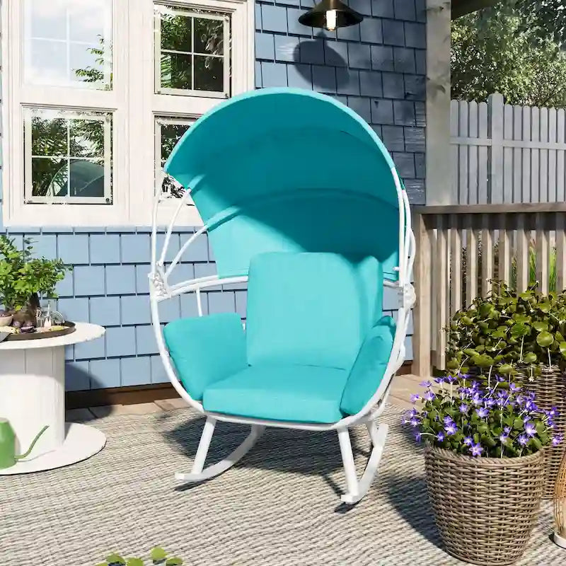 Fauteuil à bascule d'extérieur VredHom en forme d'œuf avec coussin et auvent pliable