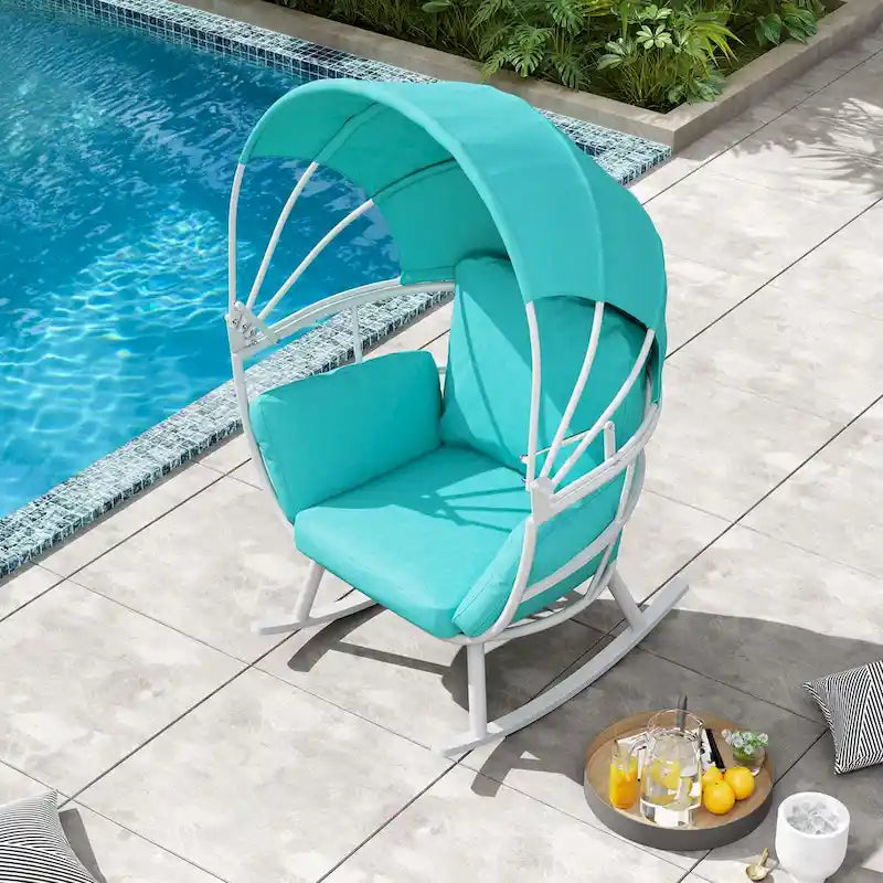 Fauteuil à bascule d'extérieur VredHom en forme d'œuf avec coussin et auvent pliable
