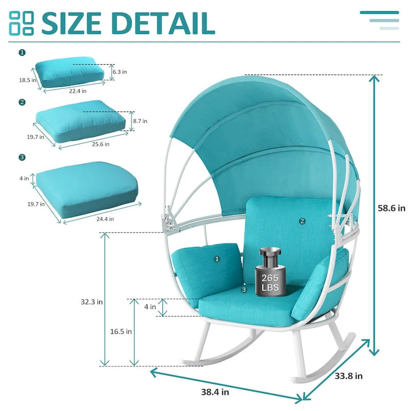 Fauteuil à bascule d'extérieur VredHom en forme d'œuf avec coussin et auvent pliable
