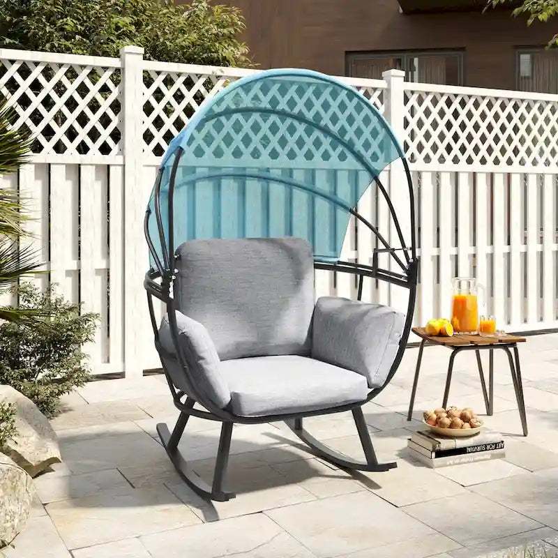 Fauteuil à bascule d'extérieur VredHom en forme d'œuf avec coussin et auvent pliable