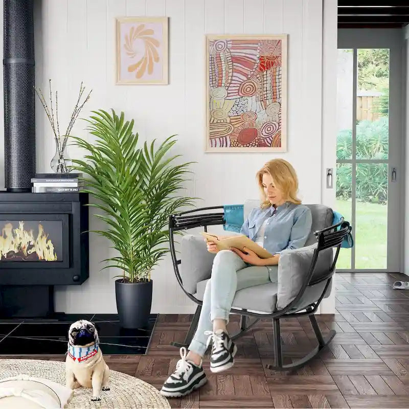 Fauteuil à bascule d'extérieur VredHom en forme d'œuf avec coussin et auvent pliable