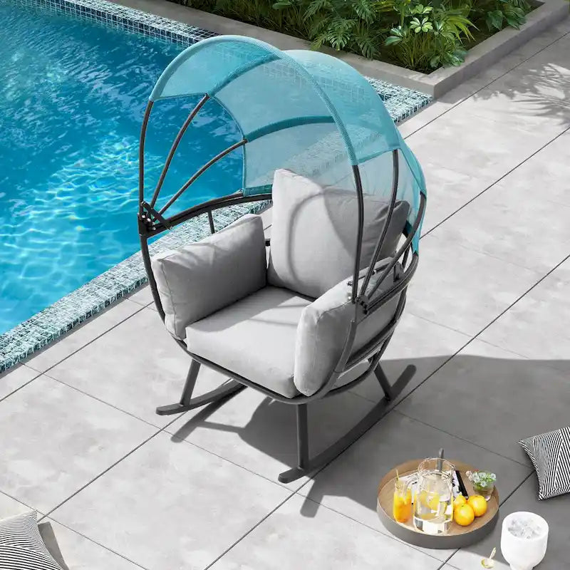 Fauteuil à bascule d'extérieur VredHom en forme d'œuf avec coussin et auvent pliable