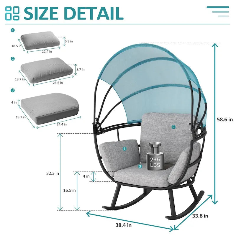 Fauteuil à bascule d'extérieur VredHom en forme d'œuf avec coussin et auvent pliable