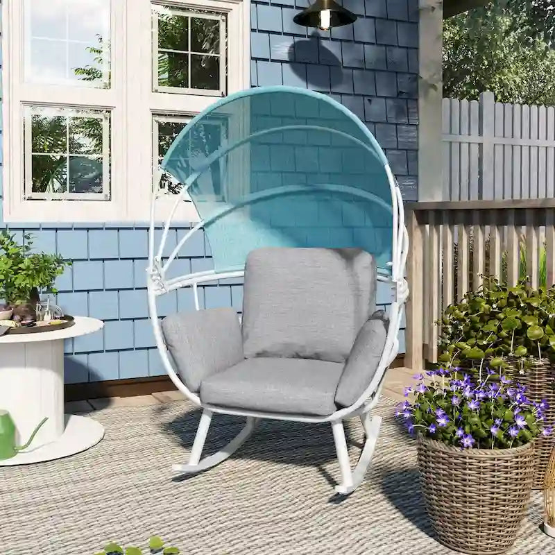 Fauteuil à bascule d'extérieur VredHom en forme d'œuf avec coussin et auvent pliable