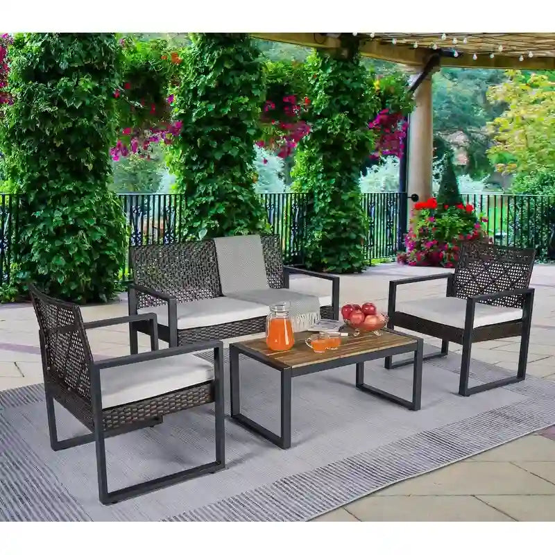 Ensemble de conversation de patio en bois d'acacia composé de 4 pièces avec plateau de table, idéal pour balcon, porche, jardin et pelouse.