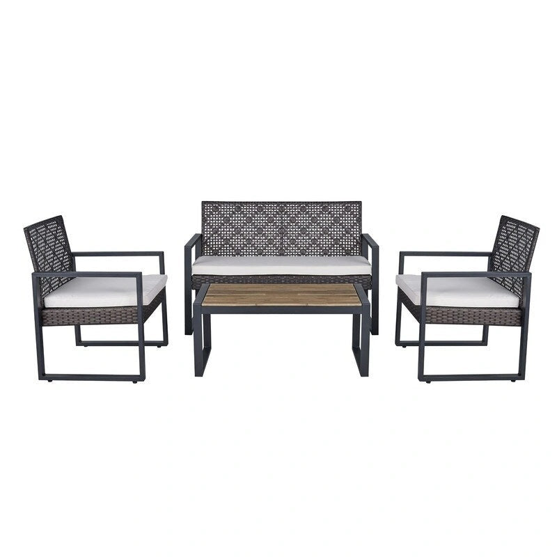 Ensemble de conversation de patio en bois d'acacia composé de 4 pièces avec plateau de table, idéal pour balcon, porche, jardin et pelouse.