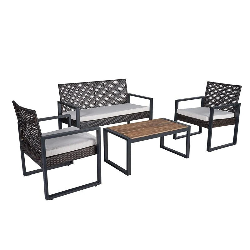Ensemble de conversation de patio en bois d'acacia composé de 4 pièces avec plateau de table, idéal pour balcon, porche, jardin et pelouse.