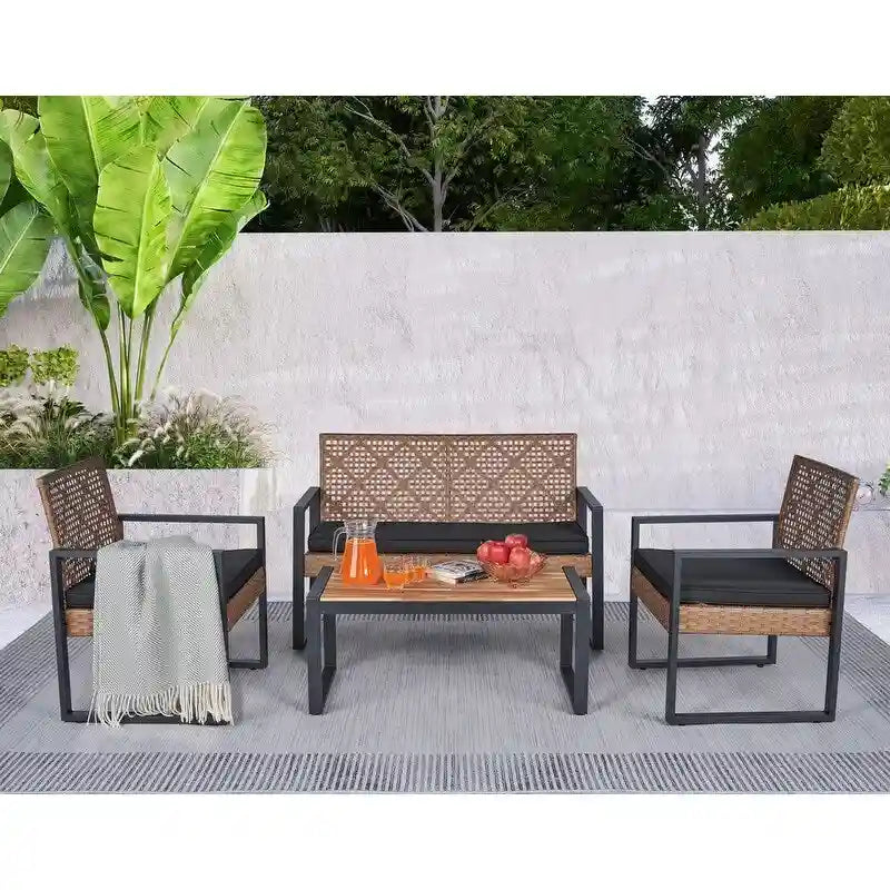 Ensemble de conversation de patio en bois d'acacia composé de 4 pièces avec plateau de table, idéal pour balcon, porche, jardin et pelouse.