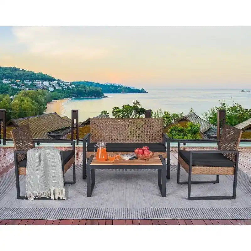 Ensemble de conversation de patio en bois d'acacia composé de 4 pièces avec plateau de table, idéal pour balcon, porche, jardin et pelouse.