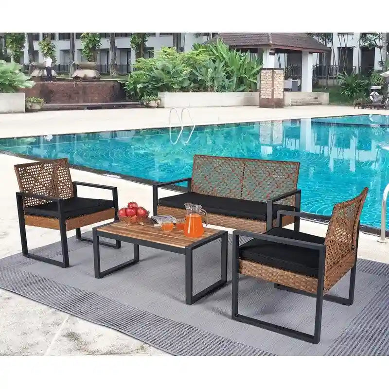 Ensemble de conversation de patio en bois d'acacia composé de 4 pièces avec plateau de table, idéal pour balcon, porche, jardin et pelouse.