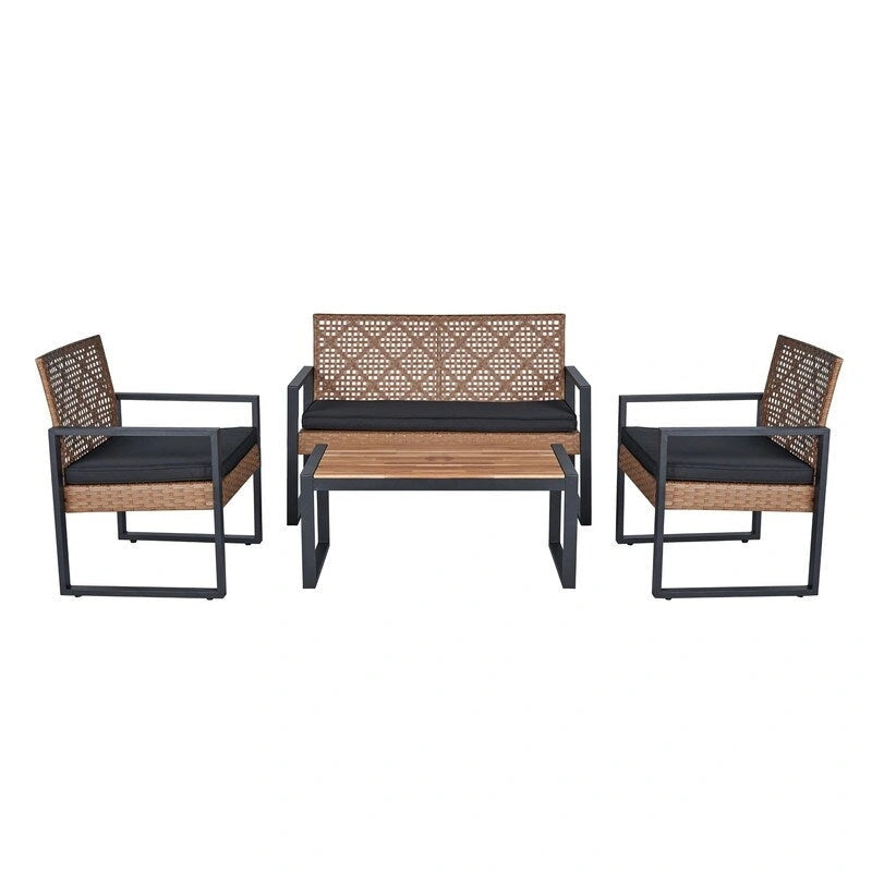 Ensemble de conversation de patio en bois d'acacia composé de 4 pièces avec plateau de table, idéal pour balcon, porche, jardin et pelouse.