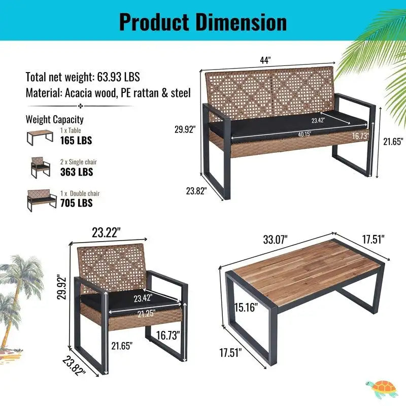 Ensemble de conversation de patio en bois d'acacia composé de 4 pièces avec plateau de table, idéal pour balcon, porche, jardin et pelouse.