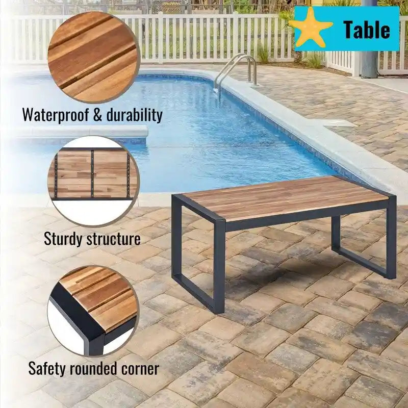 Ensemble de conversation de patio en bois d'acacia composé de 4 pièces avec plateau de table, idéal pour balcon, porche, jardin et pelouse.