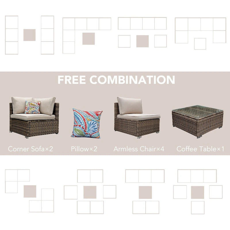 Ensemble de canapé d'extérieur 7 pièces en résine tressée marron clair avec coussins beiges et table basse
