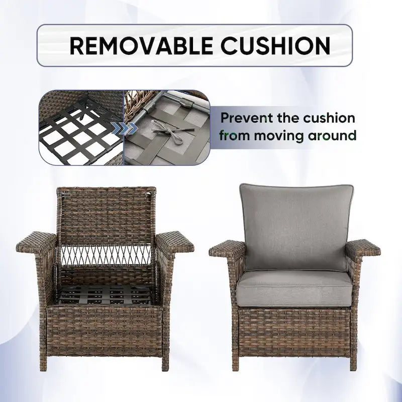 Canapé à dossier haut, 2 fauteuils, 2 poufs et table basse - Marron