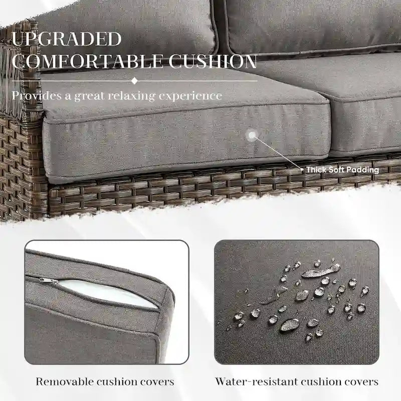 Canapé à dossier haut, 2 fauteuils, 2 poufs et table basse - Marron