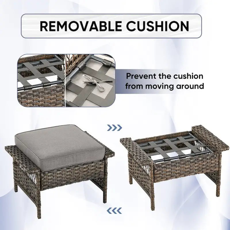 Canapé à dossier haut, 2 fauteuils, 2 poufs et table basse - Marron