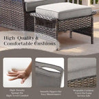 Canapé à dossier haut, 2 fauteuils, 2 poufs et table basse - Marron