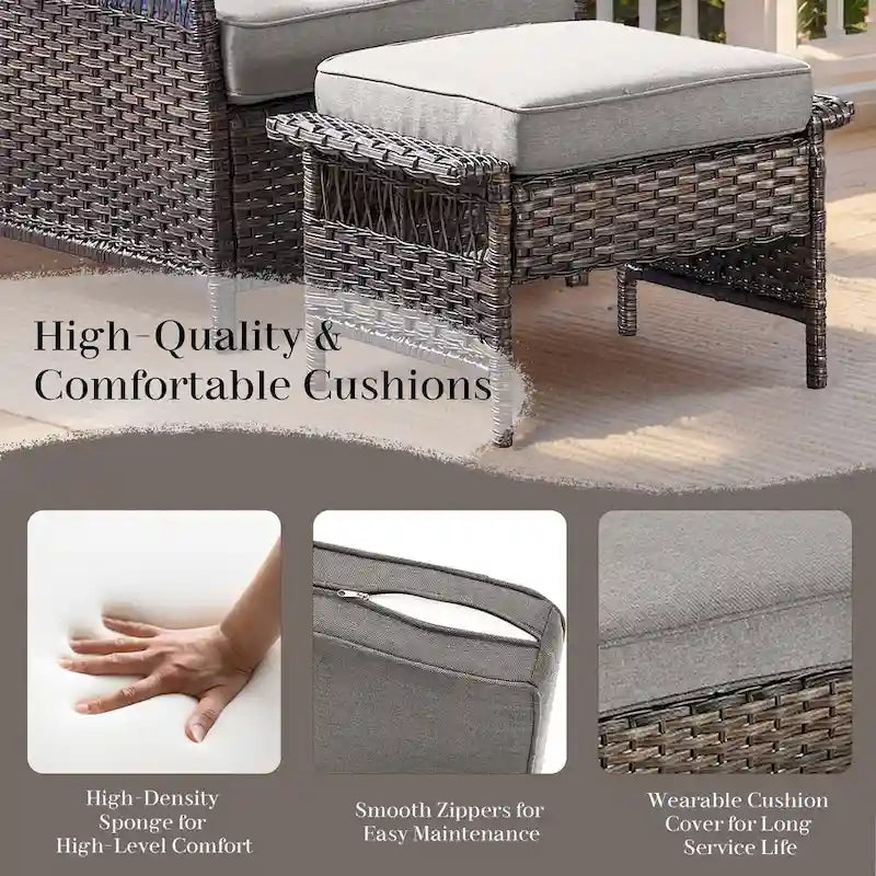 Canapé à dossier haut, 2 fauteuils, 2 poufs et table basse - Marron