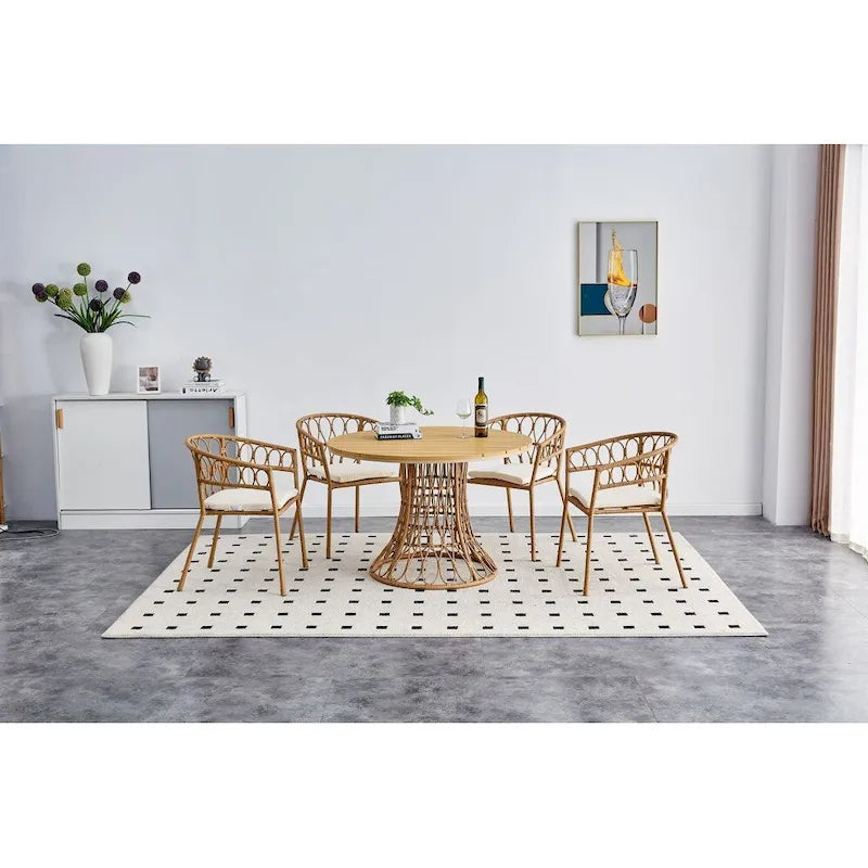 Outdoor dining simple bamboo chair table , PE ratten round table 110CM plastic wood top