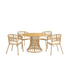 Ensemble repas d'extérieur simple avec table et chaises en bambou, table ronde de 110 cm en rotin PE et plateau en bois composite.