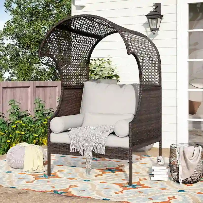 Single Rattan Sofa with Top Canopy, Elegant Wicker Couch for Outdoor