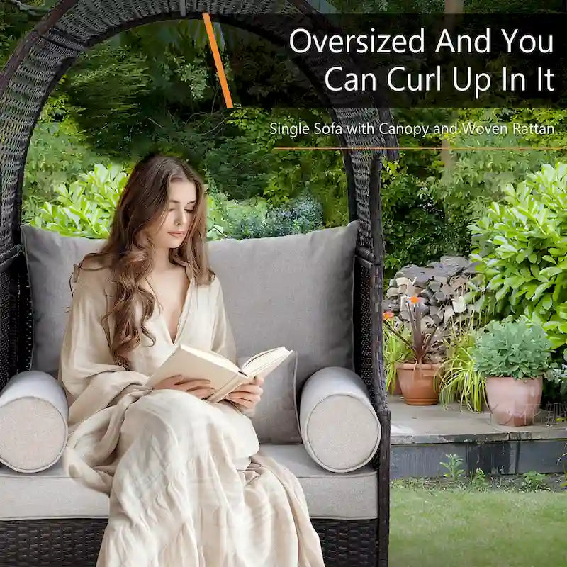 Canapé une place en rotin avec auvent, élégant canapé en osier pour l'extérieur