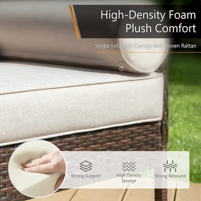 Canapé une place en rotin avec auvent, élégant canapé en osier pour l'extérieur