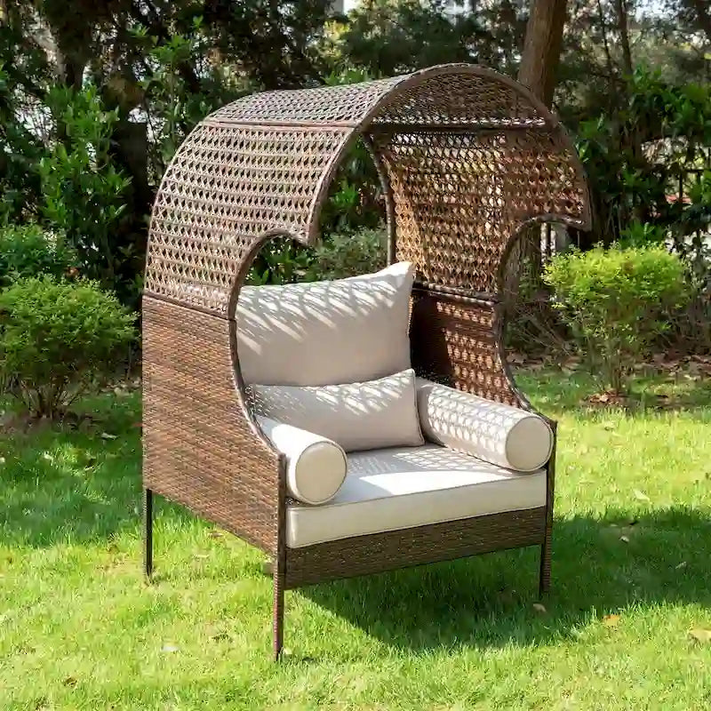 Canapé une place en rotin avec auvent, élégant canapé en osier pour l'extérieur