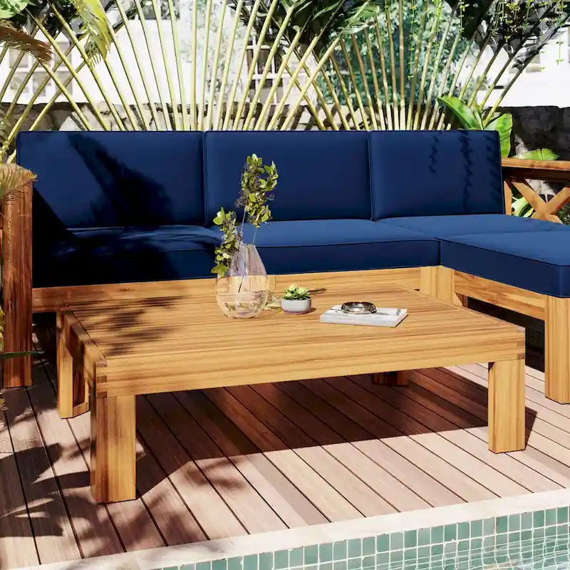 Ensemble de canapé d'angle d'extérieur 5 pièces en bois d'acacia naturel avec tissu résistant à l'eau