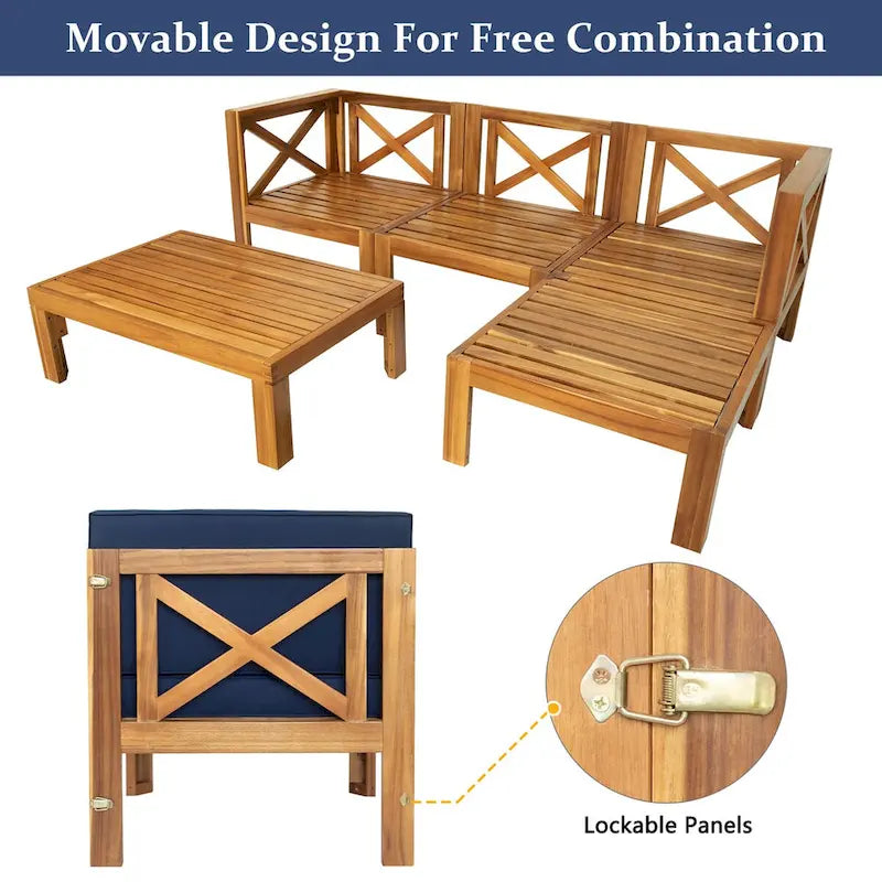 Ensemble de canapé d'angle d'extérieur 5 pièces en bois d'acacia naturel avec tissu résistant à l'eau