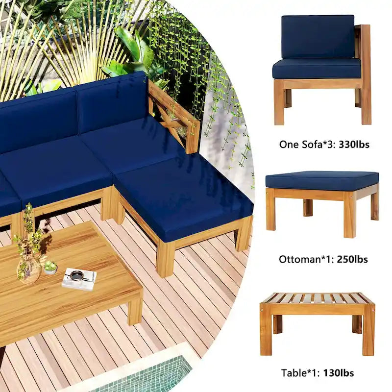 Ensemble de canapé d'angle d'extérieur 5 pièces en bois d'acacia naturel avec tissu résistant à l'eau