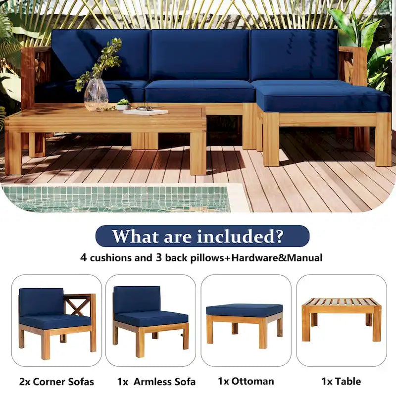Ensemble de canapé d'angle d'extérieur 5 pièces en bois d'acacia naturel avec tissu résistant à l'eau