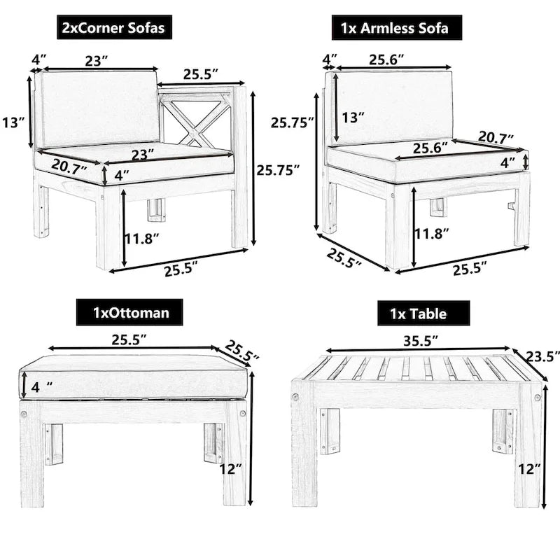 Ensemble de canapé d'angle d'extérieur 5 pièces en bois d'acacia naturel avec tissu résistant à l'eau
