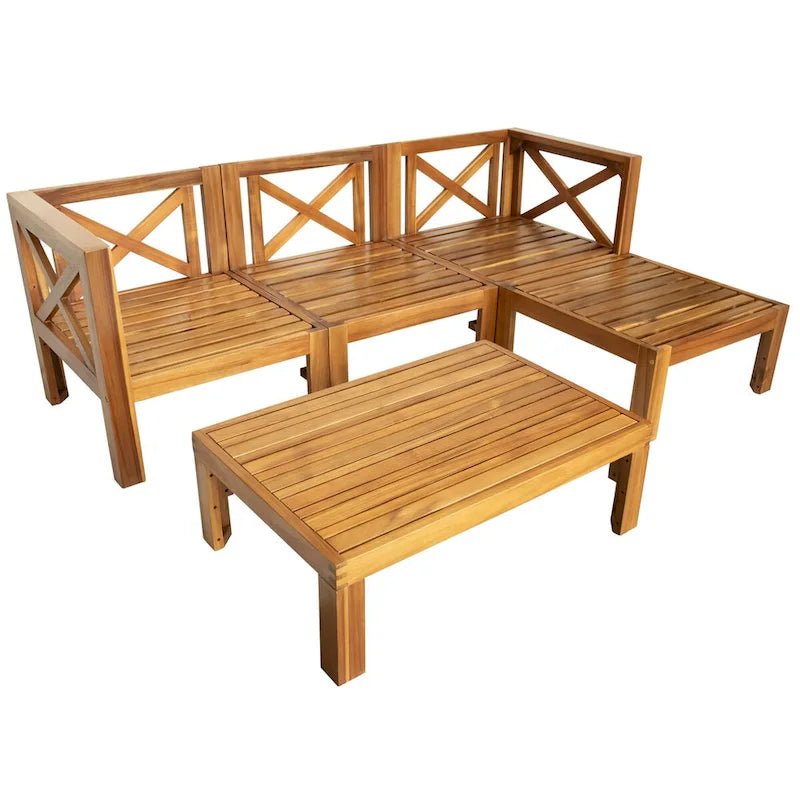 Ensemble de canapé d'angle d'extérieur 5 pièces en bois d'acacia naturel avec tissu résistant à l'eau