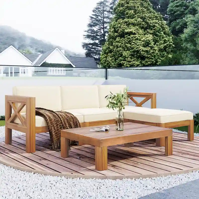 Ensemble de canapé d'angle d'extérieur 5 pièces en bois d'acacia naturel avec tissu résistant à l'eau