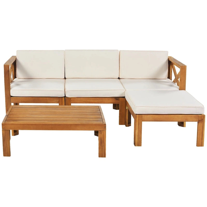 Ensemble de canapé d'angle d'extérieur 5 pièces en bois d'acacia naturel avec tissu résistant à l'eau