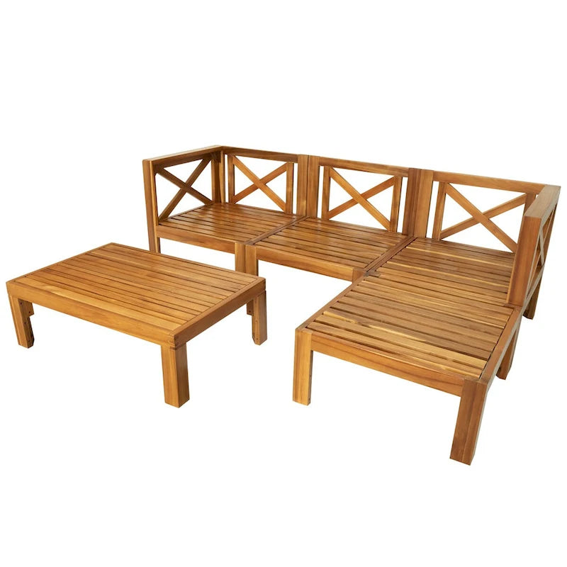 Ensemble de canapé d'angle d'extérieur 5 pièces en bois d'acacia naturel avec tissu résistant à l'eau