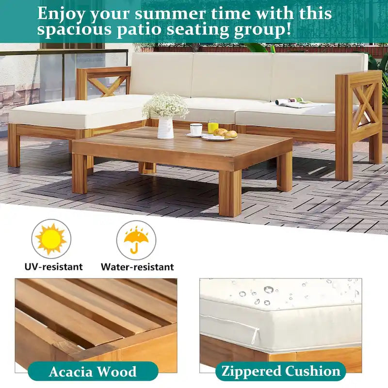 Ensemble de canapé d'angle d'extérieur en bois avec coussins
