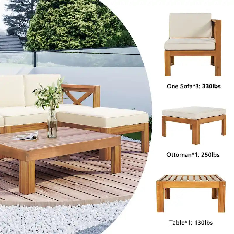 Ensemble de canapé d'angle d'extérieur en bois avec coussins